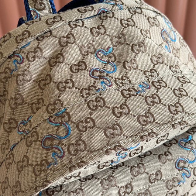 BACKPACK 40 IN BEIGE AND BROWN CANVAS BLUE SNAKE EMBROIDERY