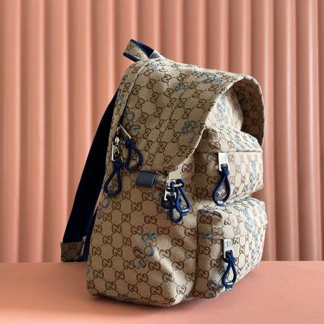 BACKPACK 40 IN BEIGE AND BROWN CANVAS BLUE SNAKE EMBROIDERY