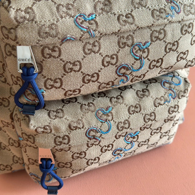 BACKPACK 40 IN BEIGE AND BROWN CANVAS BLUE SNAKE EMBROIDERY