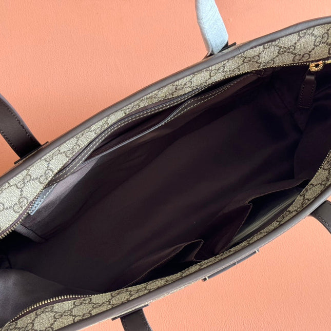 MEDIUM TOTE BAG 38 IN BEIGE AND BROWN GG COATED FABRIC DARK BROWN CALFSKIN