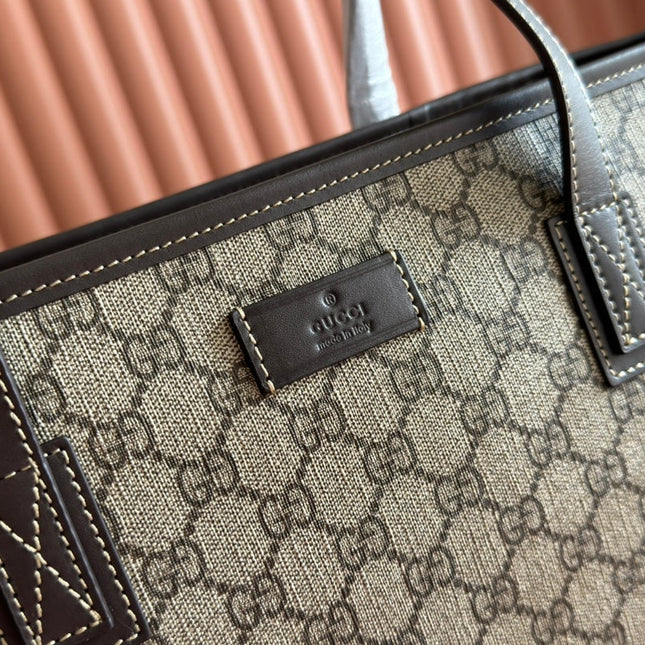 MEDIUM TOTE BAG 38 IN BEIGE AND BROWN GG COATED FABRIC DARK BROWN CALFSKIN