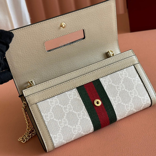 OPHIDIA WALLET ON CHAIN 19 IN BEIGE AND WHITE COATED FABRIC OATMEAL CALFSKIN