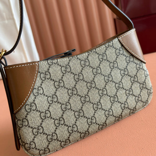 EMBLEM SMALL SHOULDER BAG 23 IN BEIGE AND BROWN GG COATED FABRIC BROWN CALFSKIN TRAP