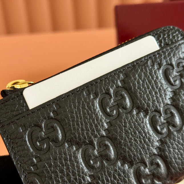 EMBLEM ZIP CARD CASE 13 IN BLACK GG GRAINY CALFSKIN