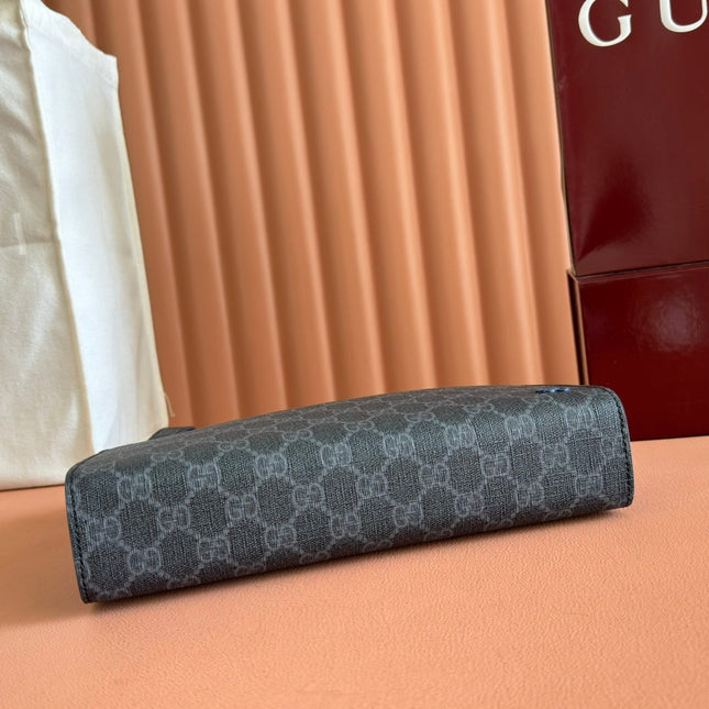 OPHIDIA POUCH 26 IN DARK GREY MONOGRAM CANVAS AND NAVY BLUE CALFSKIN TRIM