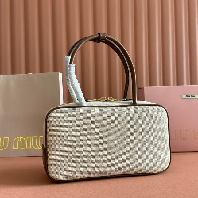 BOWLING BAG 28 IN WHITE CANVAS AND BROWN CALFSKIN TRIM