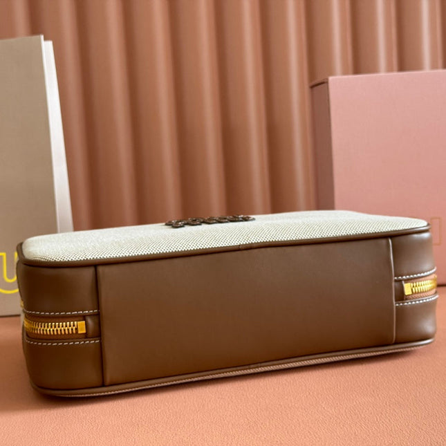 BOWLING BAG 28 IN WHITE CANVAS AND BROWN CALFSKIN TRIM