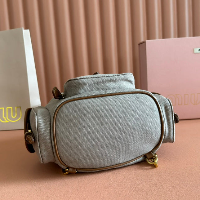 BACKPACK 22 IN GREY CANVAS BROWN CALFSKIN