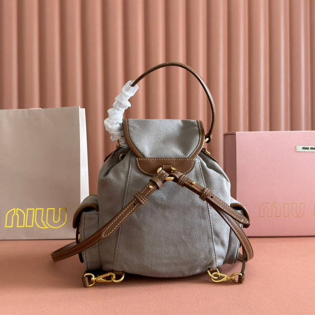 BACKPACK 22 IN GREY CANVAS BROWN CALFSKIN