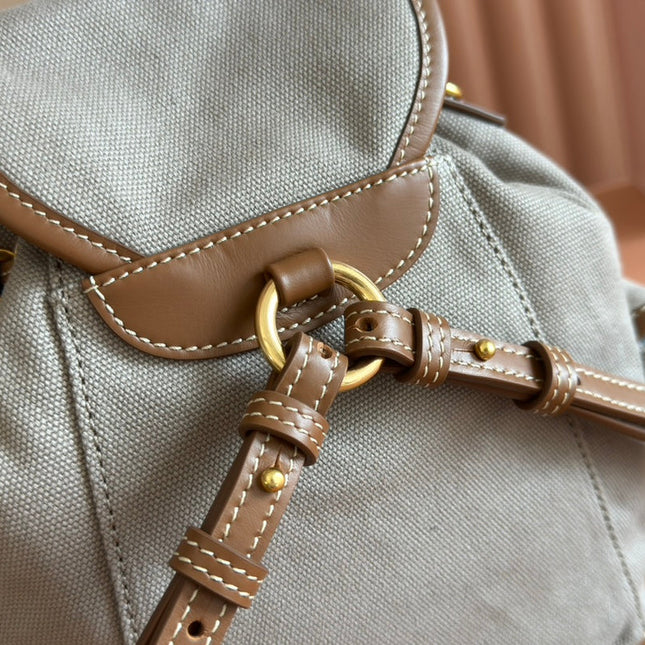 BACKPACK 22 IN GREY CANVAS BROWN CALFSKIN