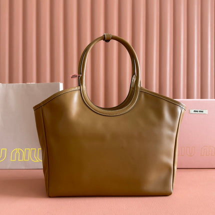 MIUHOBO TOTE 28 IN BROWN CALFSKIN FABRIC LINING GOLD LOCK