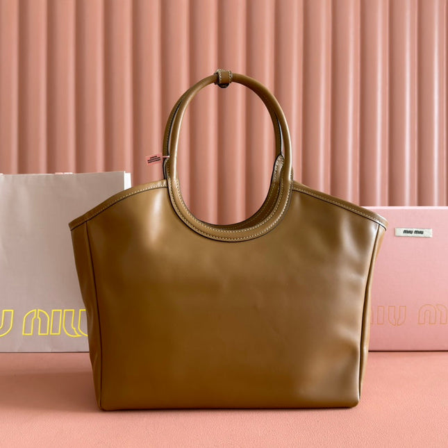 MIUHOBO TOTE 28 IN BROWN CALFSKIN FABRIC LINING GOLD LOCK