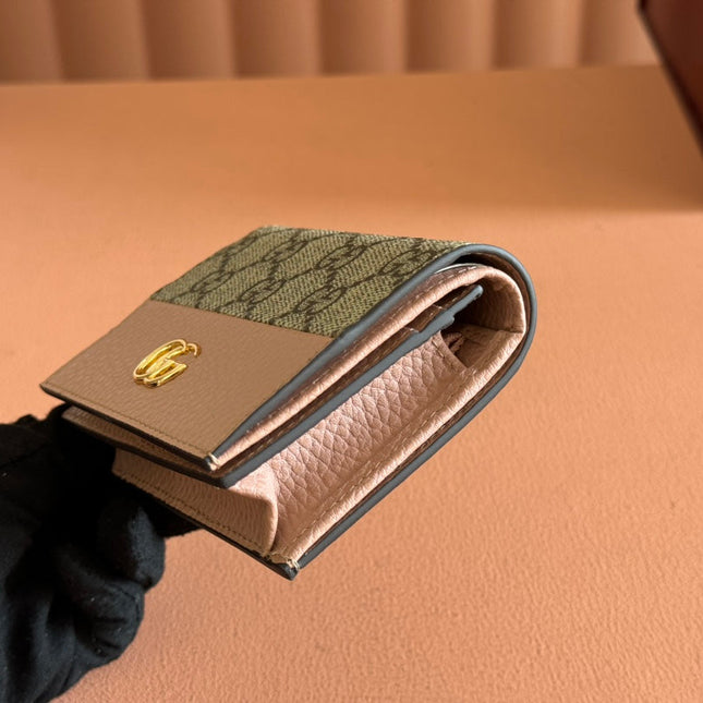 MARMONT BI-COLOUR CARD CASE WALLET 11 IN BEIGE EBONY GG CANVAS PINK CALFSKIN