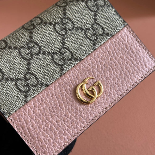 MARMONT BI-COLOUR CARD CASE WALLET 11 IN BEIGE EBONY GG CANVAS PINK CALFSKIN