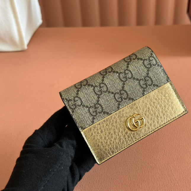 MARMONT BI-COLOUR CARD CASE WALLET 11 IN BEIGE EBONY GG CANVAS GOLD GLOSSY CALFSKIN