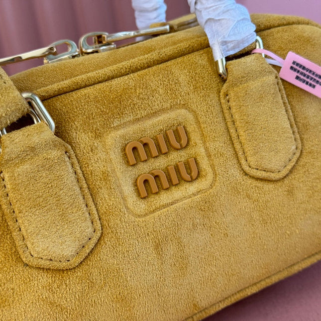 ARCADIE BAG 22 IN MUSTARD YELLOW SUEDE GOLD HARDWARE