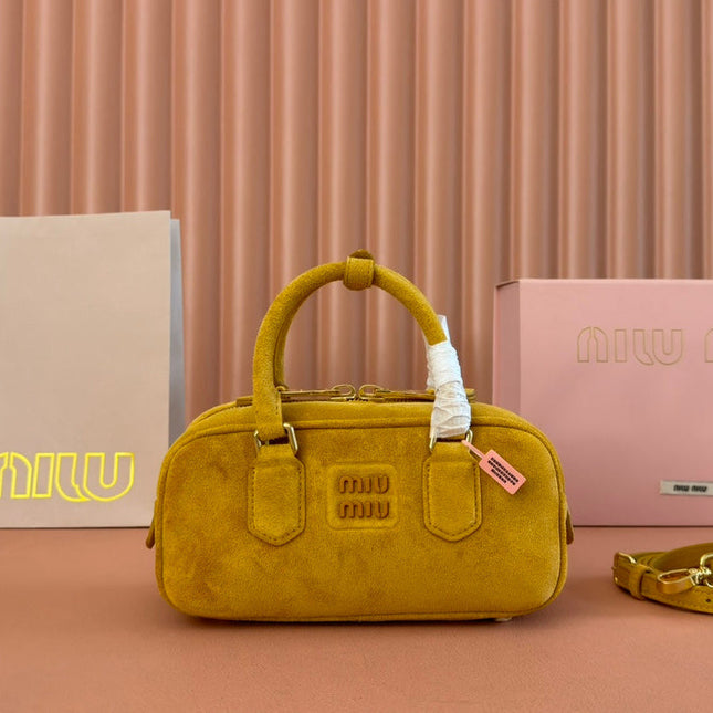 ARCADIE BAG 22 IN MUSTARD YELLOW SUEDE GOLD HARDWARE