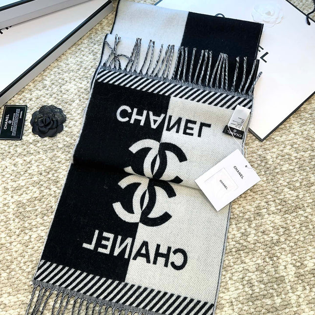 SCARF 184 CM IN BLACK MIX WHITE MERINO WOOL 393120