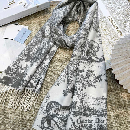 SCARF 220 CM IN WHITE MIX LIGHT GRAY MONOGRAM CASHMERE AND WOOL 413657
