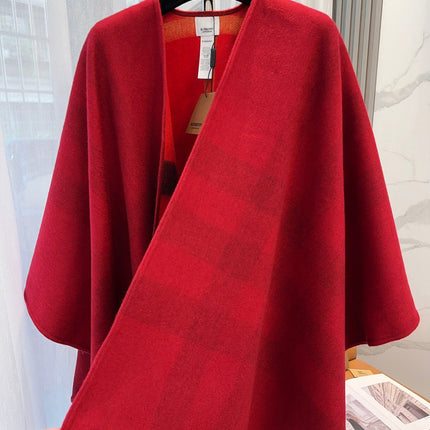 REVERSIBLE CHECK CASHMERE CAPE CHERRY RED AND BLACK 410134