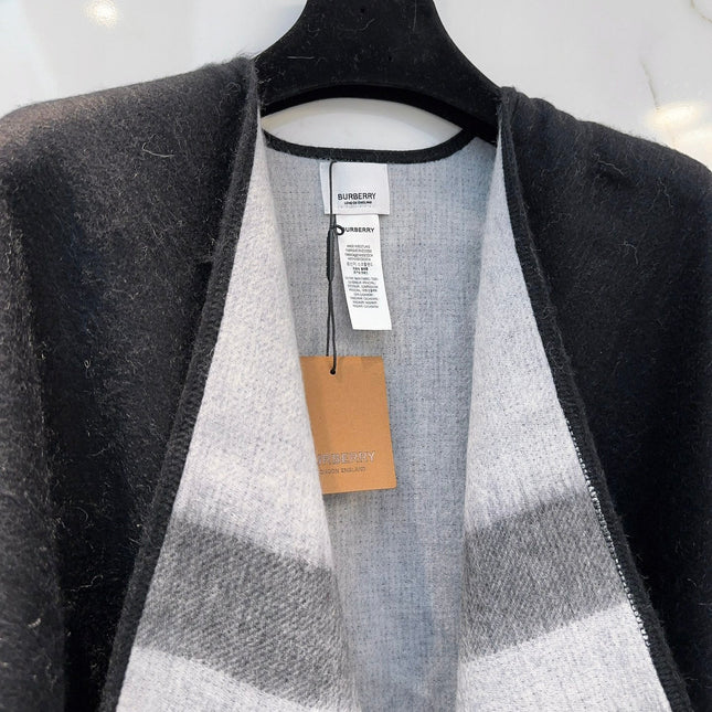 REVERSIBLE CHECK CASHMERE CAPE BLACK AND LIGHT GRAY 410135