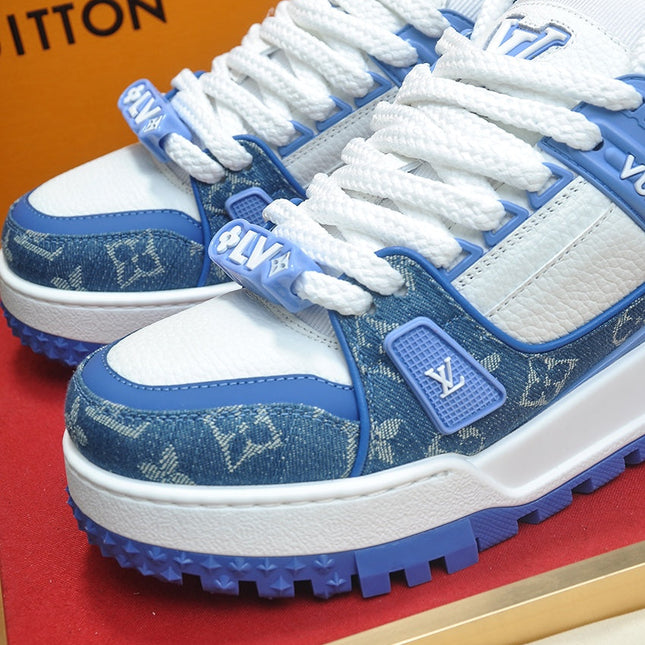 LV TRAINER SNEAKER BLUE MONOGRAM DENIM AND WHITE CALFSKIN