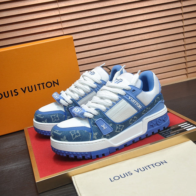 LV TRAINER SNEAKER BLUE MONOGRAM DENIM AND WHITE CALFSKIN