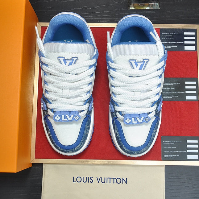 LV TRAINER SNEAKER BLUE MONOGRAM DENIM AND WHITE CALFSKIN