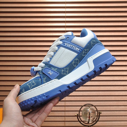 LV TRAINER SNEAKER BLUE MONOGRAM DENIM AND WHITE CALFSKIN
