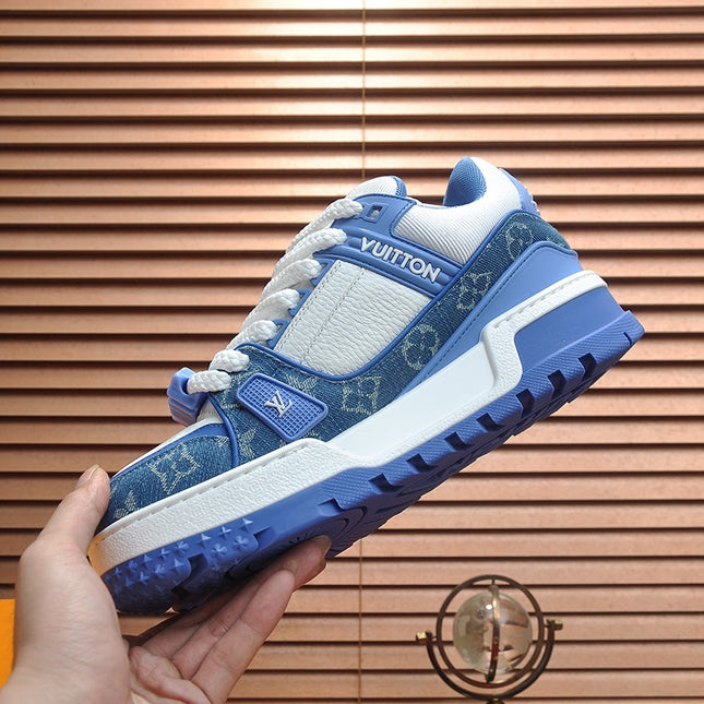 LV TRAINER SNEAKER BLUE MONOGRAM DENIM AND WHITE CALFSKIN
