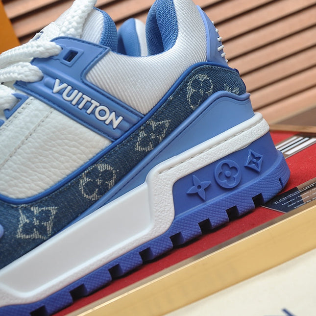LV TRAINER SNEAKER BLUE MONOGRAM DENIM AND WHITE CALFSKIN
