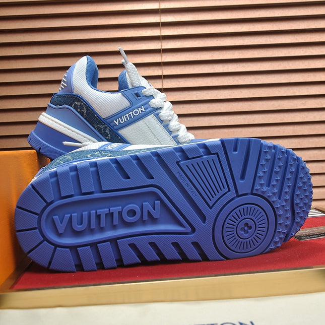LV TRAINER SNEAKER BLUE MONOGRAM DENIM AND WHITE CALFSKIN
