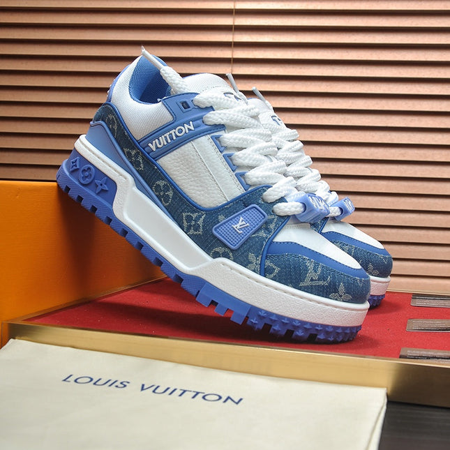 LV TRAINER SNEAKER BLUE MONOGRAM DENIM AND WHITE CALFSKIN