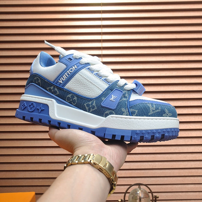 LV TRAINER SNEAKER BLUE MONOGRAM DENIM AND WHITE CALFSKIN