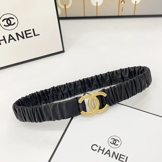 DOUBLE C ELASTIC BELT 30MM IN BLACK CALFSKIN GOLD HARDWARE