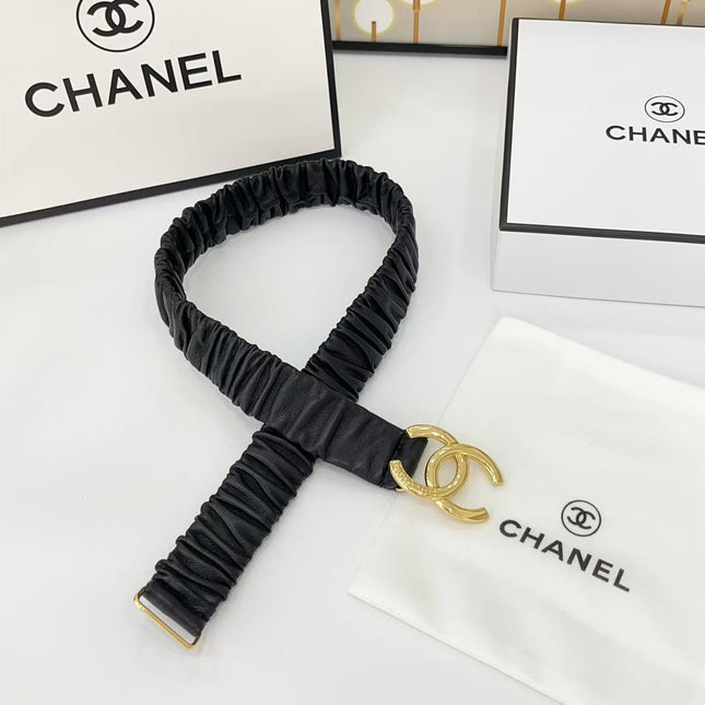 DOUBLE C ELASTIC BELT 30MM IN BLACK CALFSKIN GOLD HARDWARE