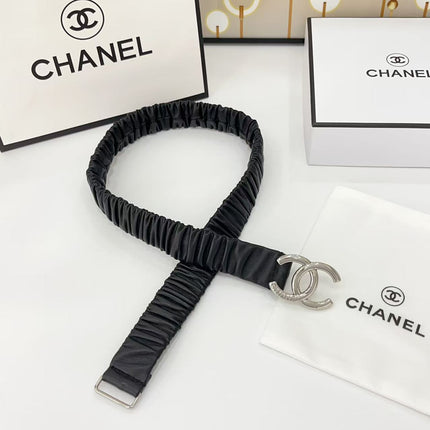 DOUBLE C ELASTIC BELT 30MM IN BLACK CALFSKIN SILVER HARDWARE