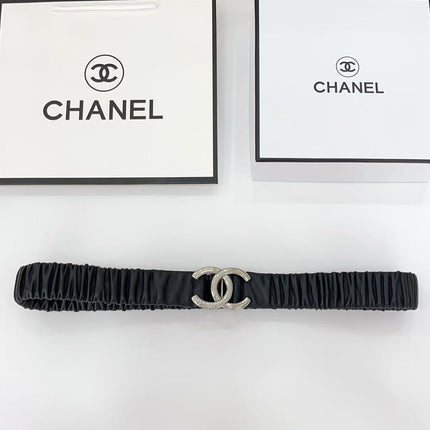 DOUBLE C ELASTIC BELT 30MM IN BLACK CALFSKIN SILVER HARDWARE