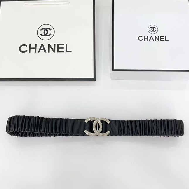 DOUBLE C ELASTIC BELT 30MM IN BLACK CALFSKIN SILVER HARDWARE