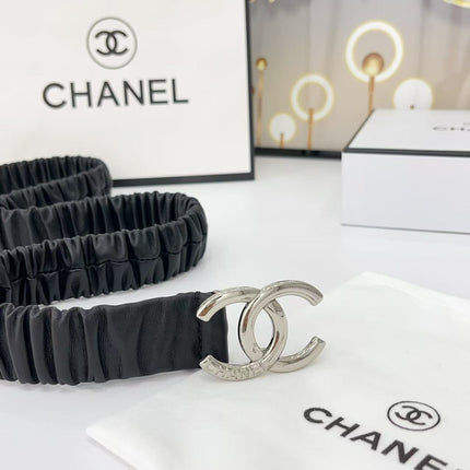 DOUBLE C ELASTIC BELT 30MM IN BLACK CALFSKIN SILVER HARDWARE