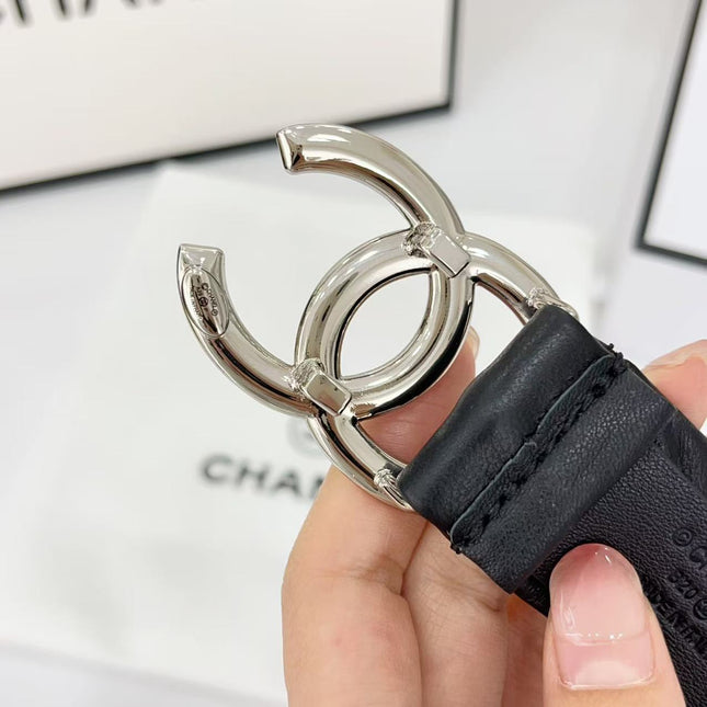 DOUBLE C ELASTIC BELT 30MM IN BLACK CALFSKIN SILVER HARDWARE