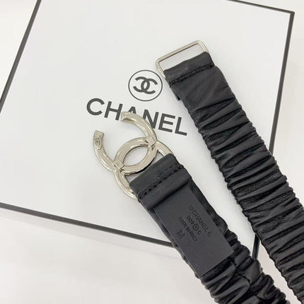 DOUBLE C ELASTIC BELT 30MM IN BLACK CALFSKIN SILVER HARDWARE