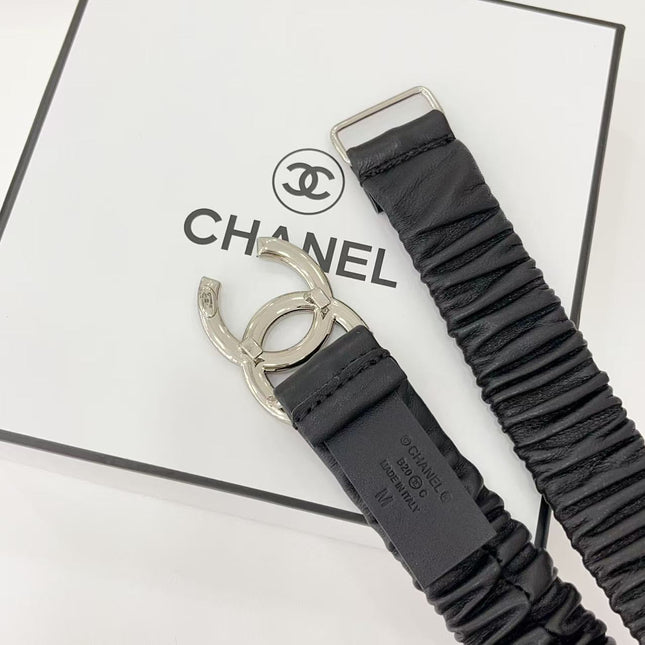 DOUBLE C ELASTIC BELT 30MM IN BLACK CALFSKIN SILVER HARDWARE
