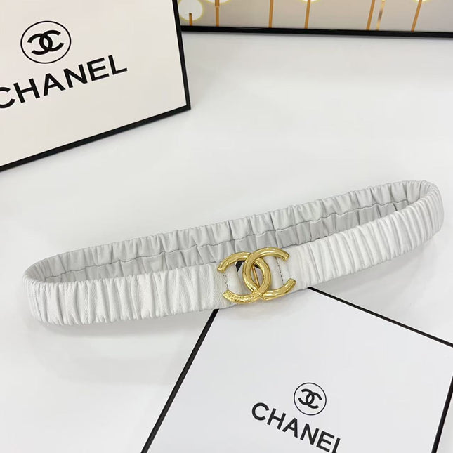 DOUBLE C ELASTIC BELT 30MM IN WHITE CALFSKIN GOLD HARDWARE