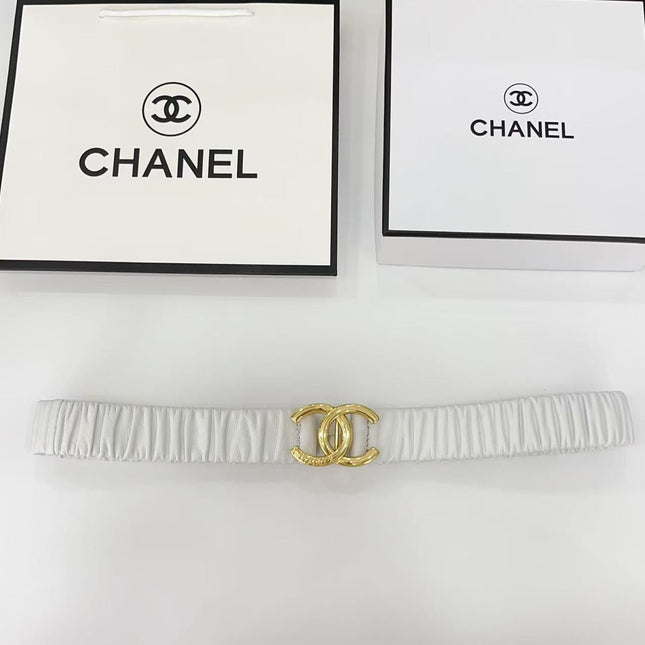 DOUBLE C ELASTIC BELT 30MM IN WHITE CALFSKIN GOLD HARDWARE