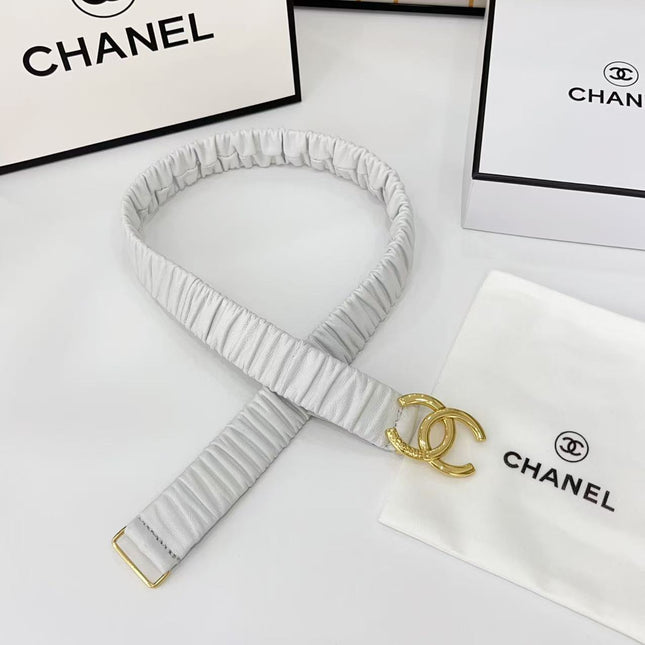 DOUBLE C ELASTIC BELT 30MM IN WHITE CALFSKIN GOLD HARDWARE