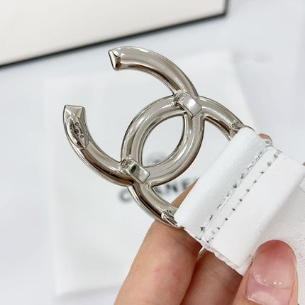 DOUBLE C ELASTIC BELT 30MM IN WHITE CALFSKIN SILVER HARDWARE