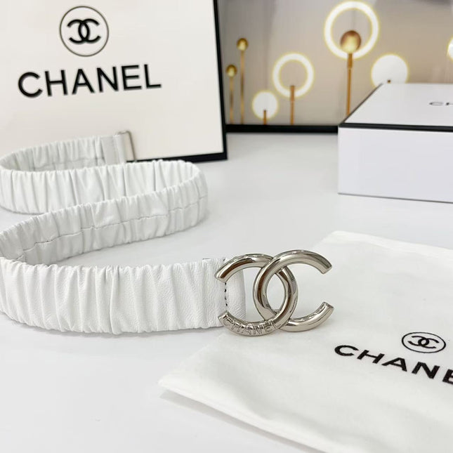 DOUBLE C ELASTIC BELT 30MM IN WHITE CALFSKIN SILVER HARDWARE