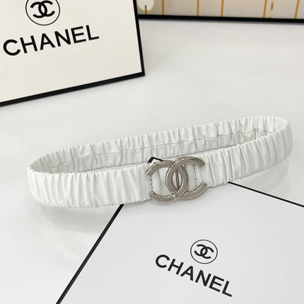 DOUBLE C ELASTIC BELT 30MM IN WHITE CALFSKIN SILVER HARDWARE