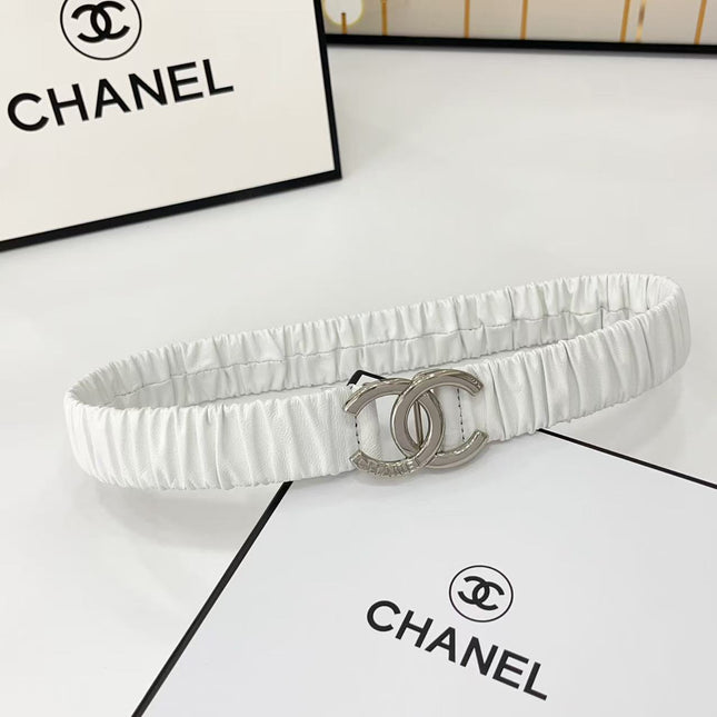 DOUBLE C ELASTIC BELT 30MM IN WHITE CALFSKIN SILVER HARDWARE